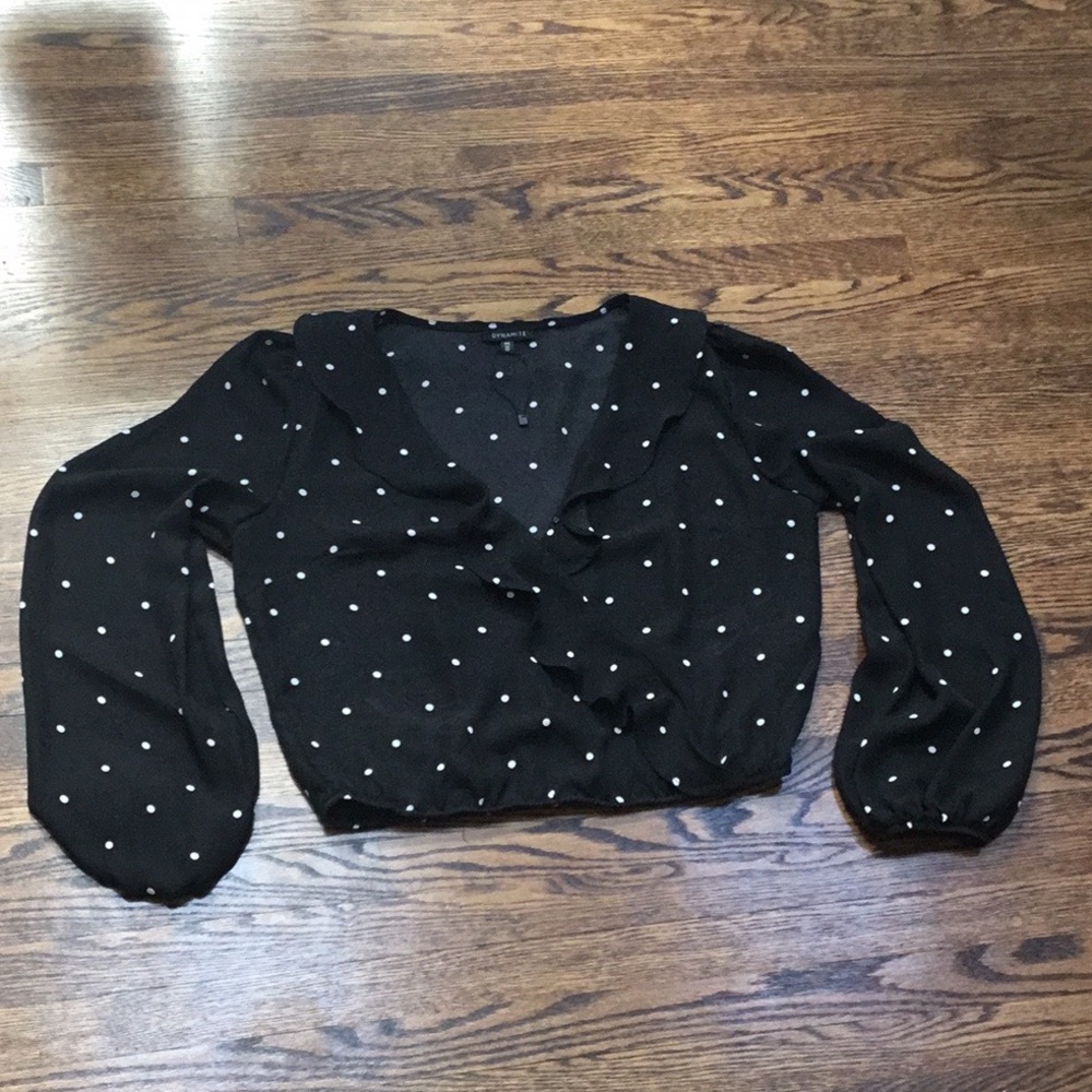 Dynamite Black and White Polka Don’t Faux Wrap Top